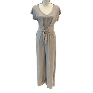 Caution To The Wind Taupe and White Print Jumpsuit